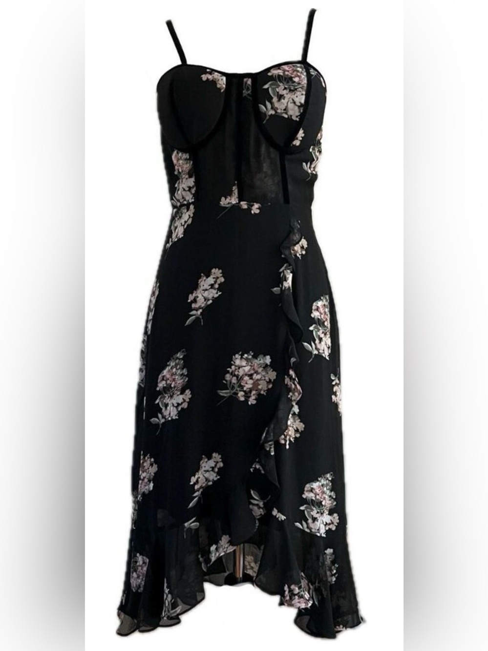 Leith Black Floral Bustier Midi Dress with Ruffle Hem